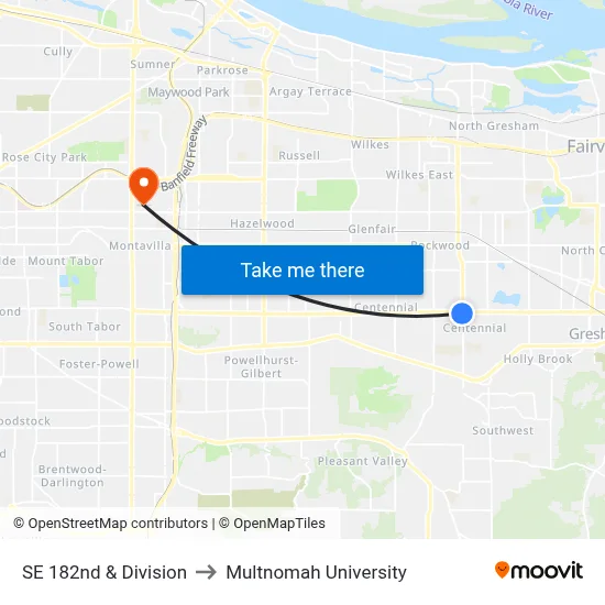 SE 182nd & Division to Multnomah University map