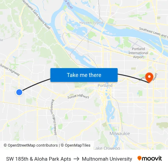 SW 185th & Aloha Park Apts to Multnomah University map