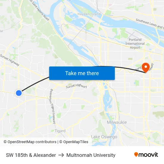 SW 185th & Alexander to Multnomah University map
