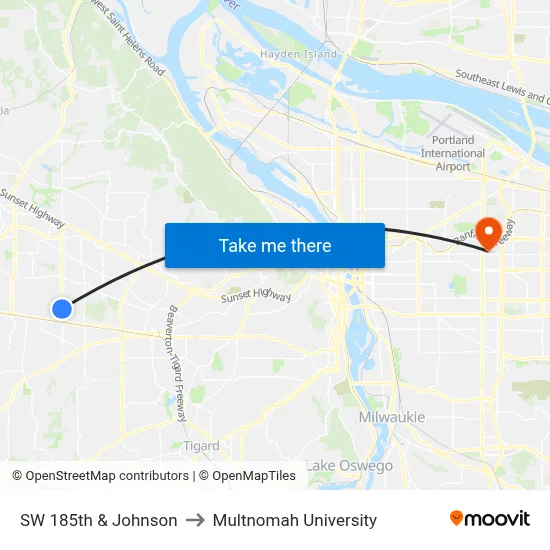 SW 185th & Johnson to Multnomah University map