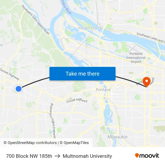 700 Block NW 185th to Multnomah University map