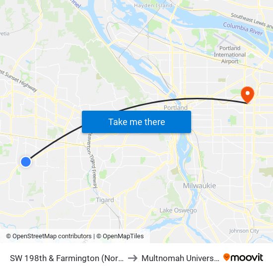 SW 198th & Farmington (North) to Multnomah University map