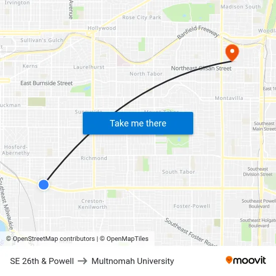 SE 26th & Powell to Multnomah University map