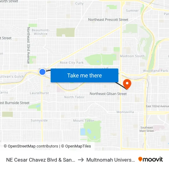 NE Cesar Chavez Blvd & Sandy to Multnomah University map