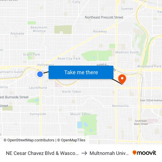 NE Cesar Chavez Blvd & Wasco (South) to Multnomah University map