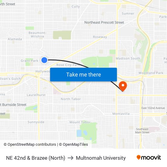 NE 42nd & Brazee (North) to Multnomah University map