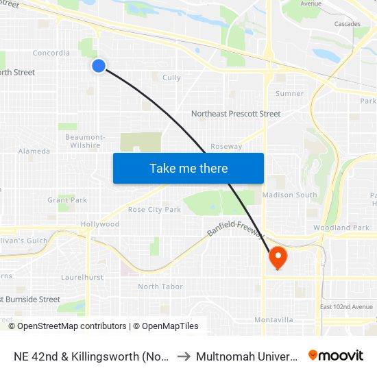 NE 42nd & Killingsworth (North) to Multnomah University map