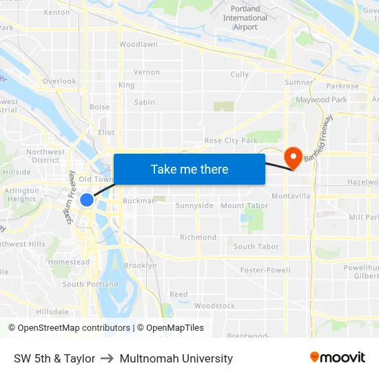 SW 5th & Taylor to Multnomah University map
