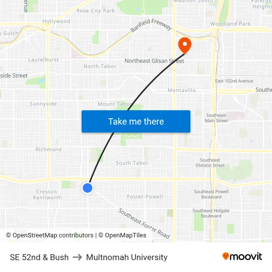 SE 52nd & Bush to Multnomah University map