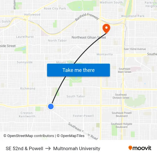 SE 52nd & Powell to Multnomah University map