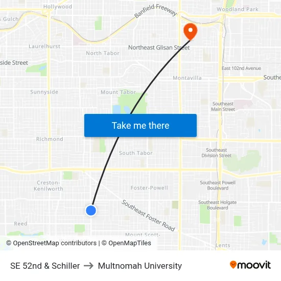 SE 52nd & Schiller to Multnomah University map