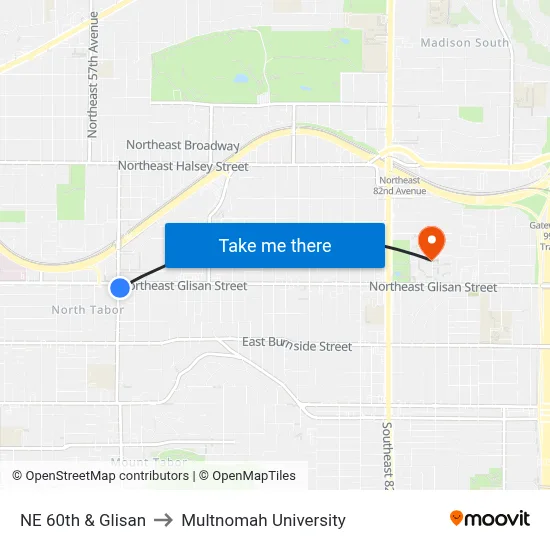 NE 60th & Glisan to Multnomah University map
