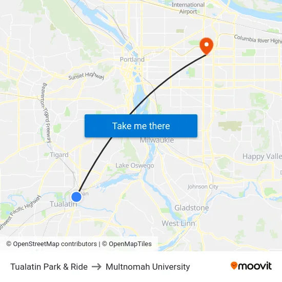 Tualatin Park & Ride to Multnomah University map