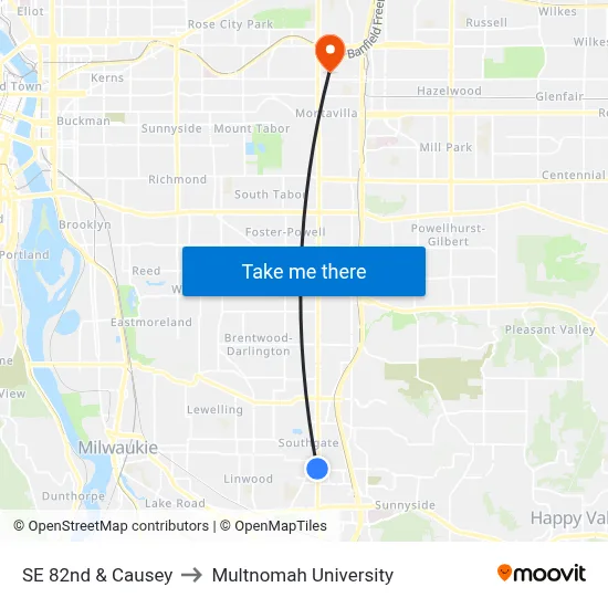 SE 82nd & Causey to Multnomah University map