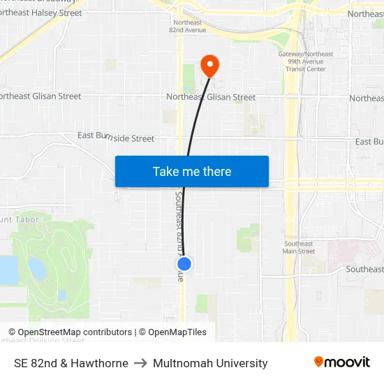 SE 82nd & Hawthorne to Multnomah University map