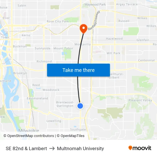 SE 82nd & Lambert to Multnomah University map