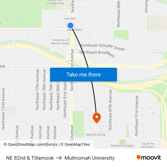NE 82nd & Tillamook to Multnomah University map