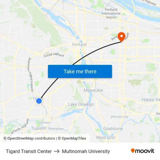Tigard Transit Center to Multnomah University map