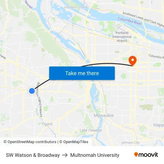 SW Watson & Broadway to Multnomah University map