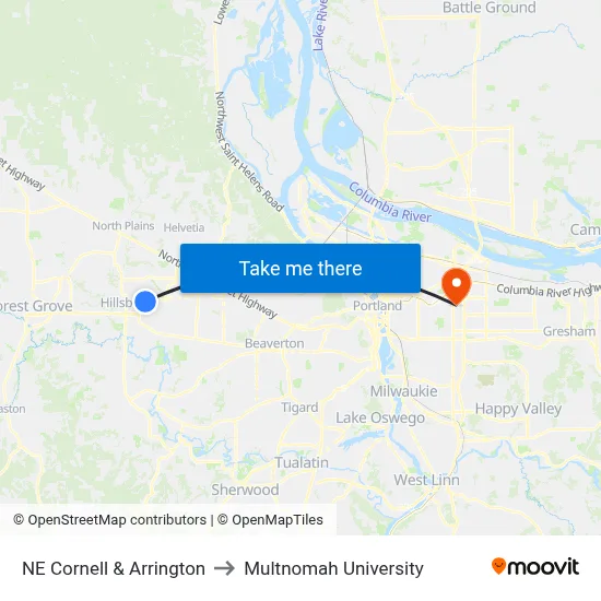 NE Cornell & Arrington to Multnomah University map