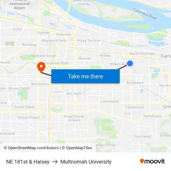 NE 181st & Halsey to Multnomah University map