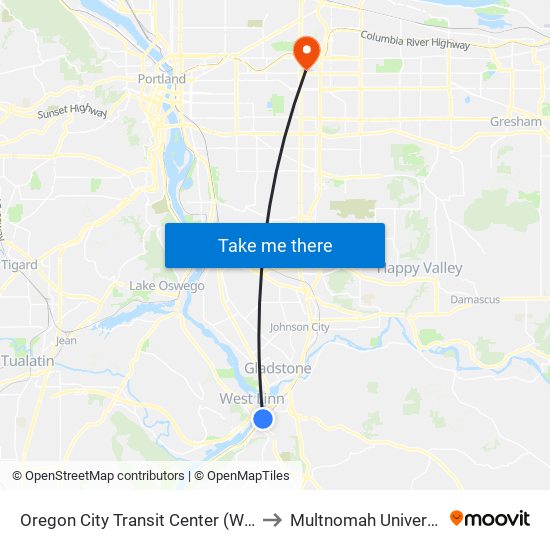 Oregon City Transit Center (West) to Multnomah University map