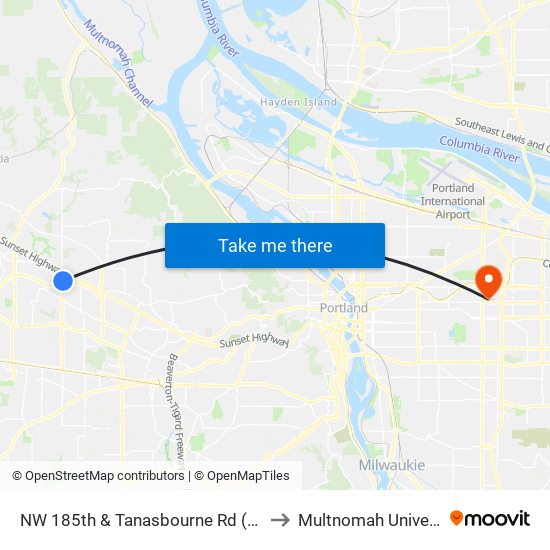 NW 185th & Tanasbourne Rd (North) to Multnomah University map