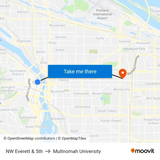 NW Everett & 5th to Multnomah University map