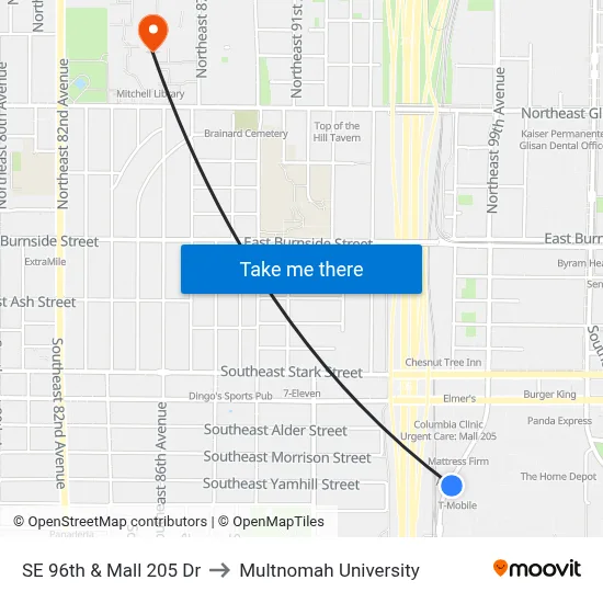 SE 96th & Mall 205 Dr to Multnomah University map