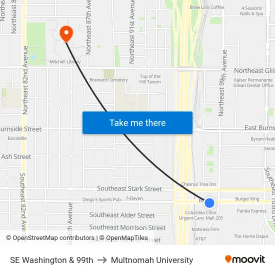 SE Washington & 99th to Multnomah University map