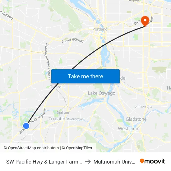 SW Pacific Hwy & Langer Farms Pkwy to Multnomah University map