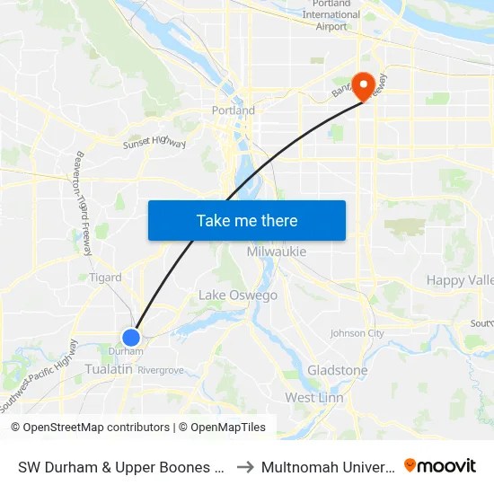 SW Durham & Upper Boones Ferry to Multnomah University map