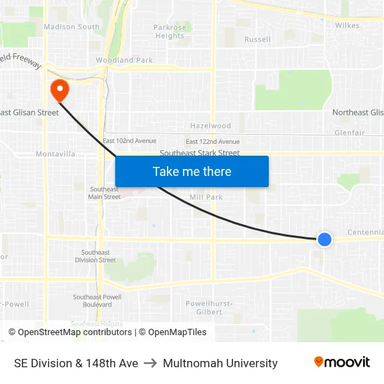 SE Division & 148th Ave to Multnomah University map