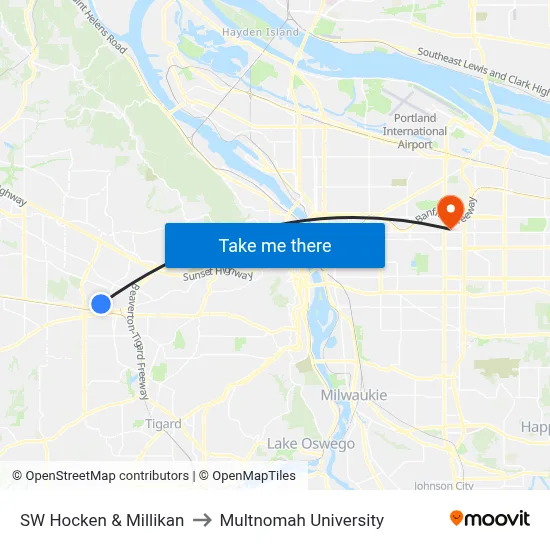 SW Hocken & Millikan to Multnomah University map
