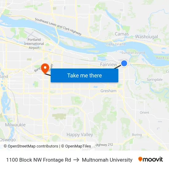 1100 Block NW Frontage Rd to Multnomah University map