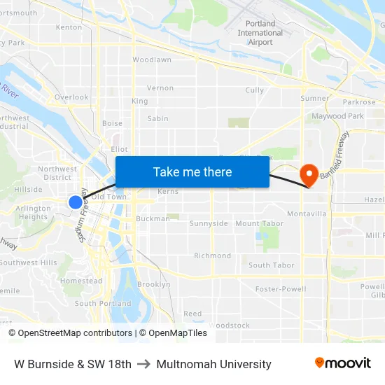 W Burnside & SW 18th to Multnomah University map