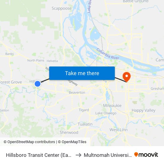 Hillsboro Transit Center (East) to Multnomah University map
