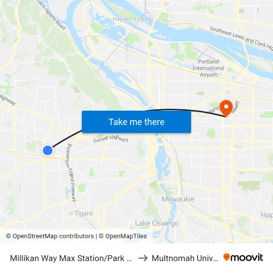 Millikan Way Max Station/Park And Ride to Multnomah University map