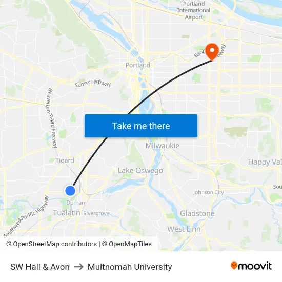 SW Hall & Avon to Multnomah University map