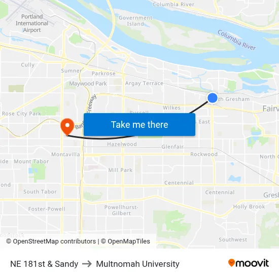 NE 181st & Sandy to Multnomah University map