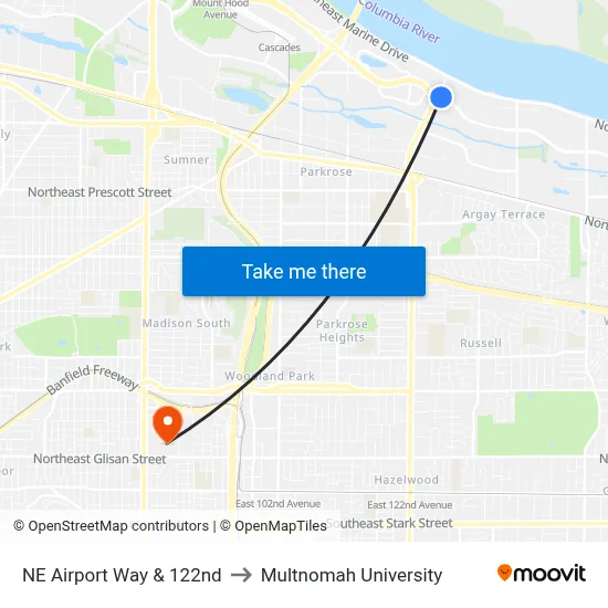 NE Airport Way & 122nd to Multnomah University map