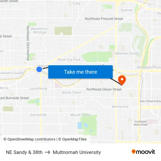 NE Sandy & 38th to Multnomah University map