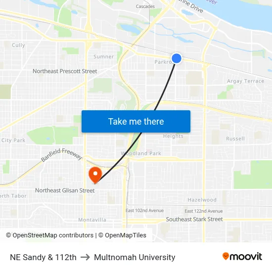 NE Sandy & 112th to Multnomah University map