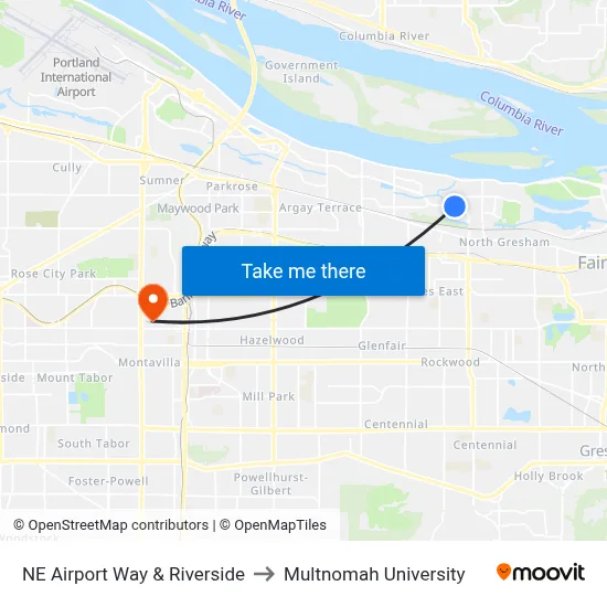 NE Airport Way & Riverside to Multnomah University map