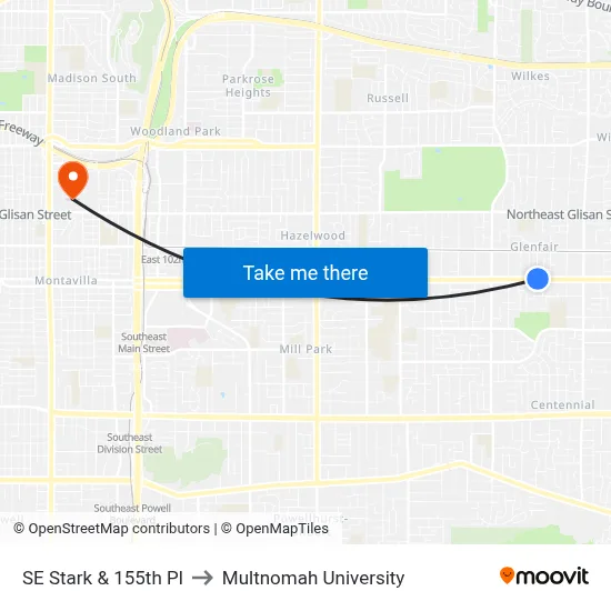 SE Stark & 155th Pl to Multnomah University map