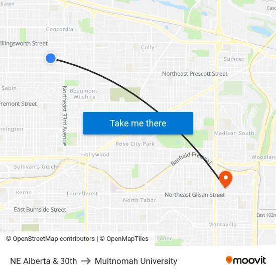 NE Alberta & 30th to Multnomah University map
