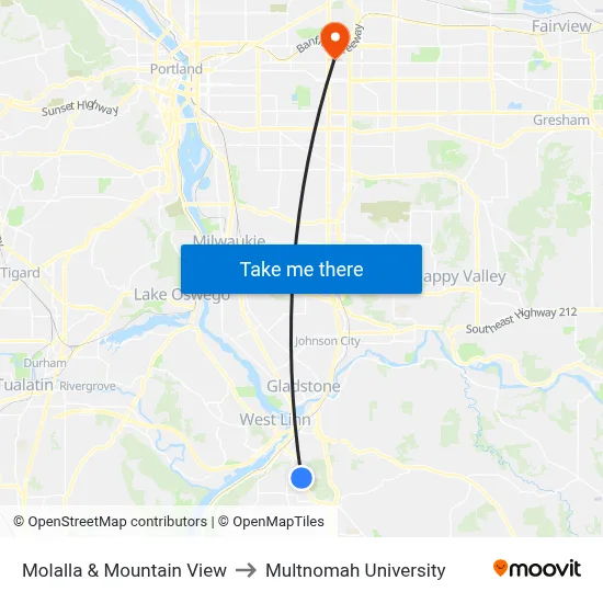 Molalla & Mountain View to Multnomah University map