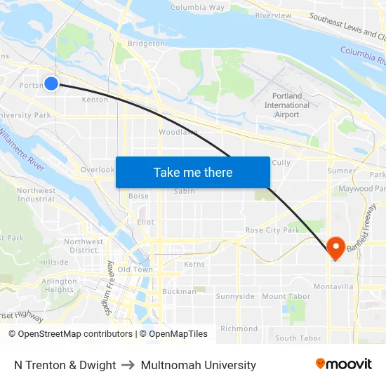 N Trenton & Dwight to Multnomah University map