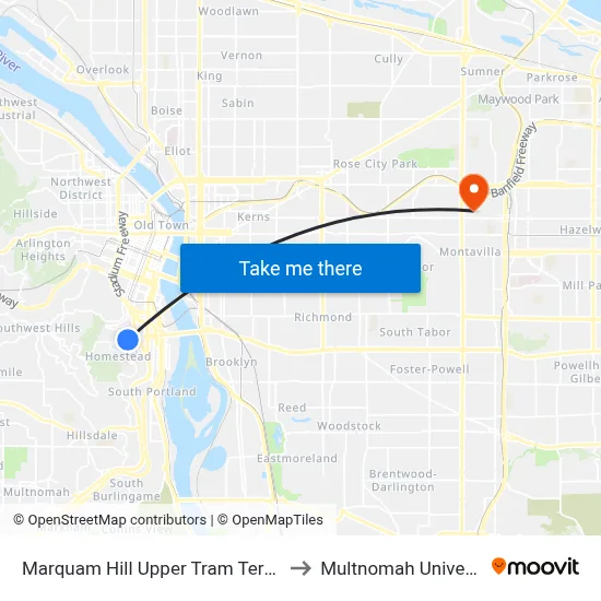 Marquam Hill Upper Tram Terminal to Multnomah University map