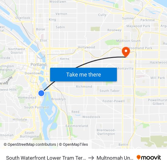 South Waterfront Lower Tram Terminal (West) to Multnomah University map